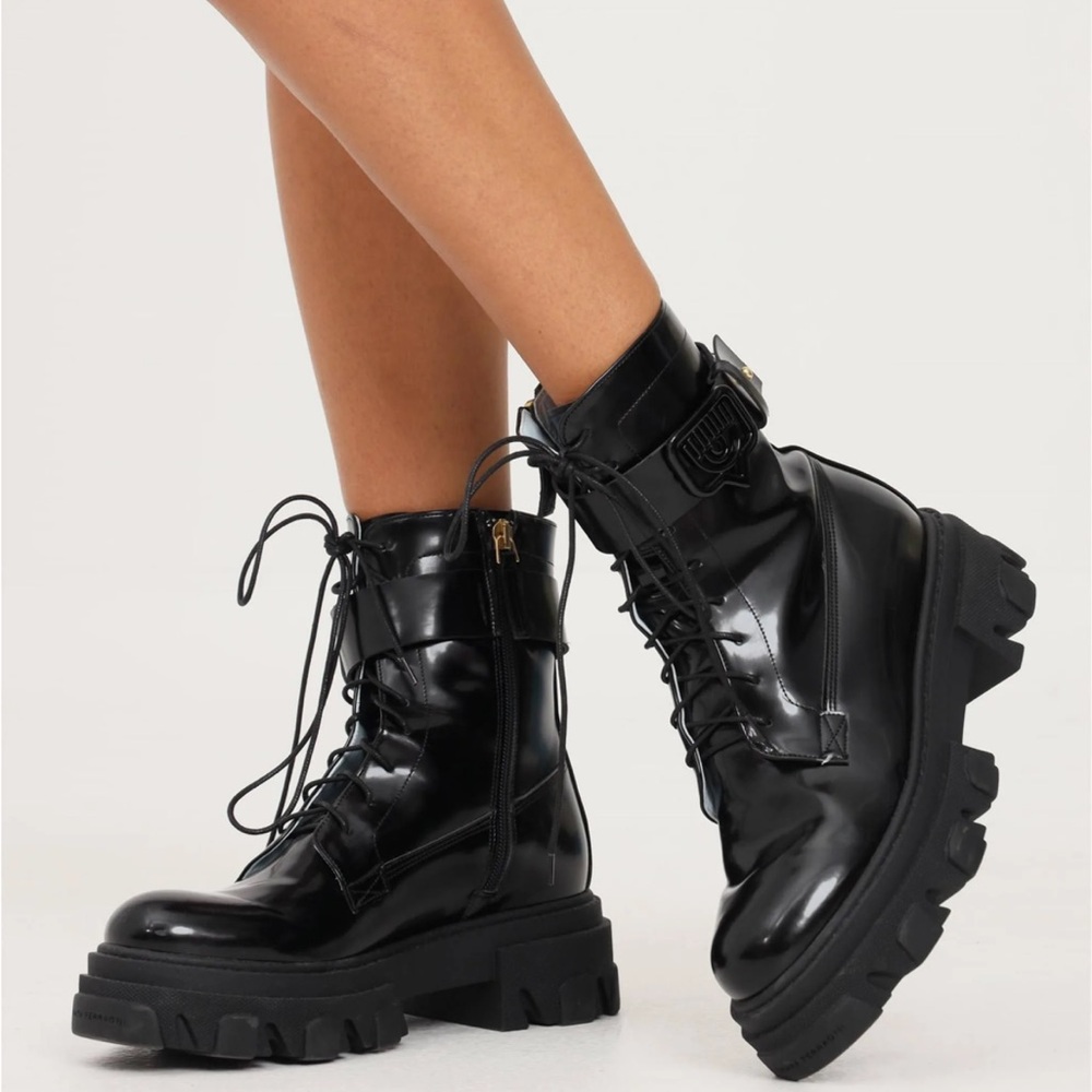 CHIARA FERRAGNI LEATHER Black Chunky Lace-Up Boots SIZE 37 eu